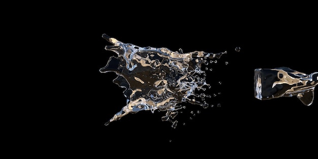 アイスキューブの3Dレンダリング画像による実際の水のしぶき