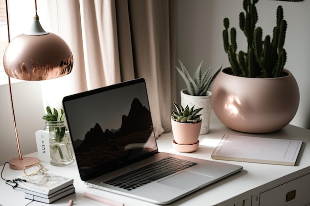 A real wooden home office desk with a metal light and an empty laptop in a white living room