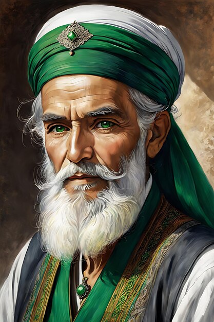 Photo realist portrait of an old sufi man in a vibrant field