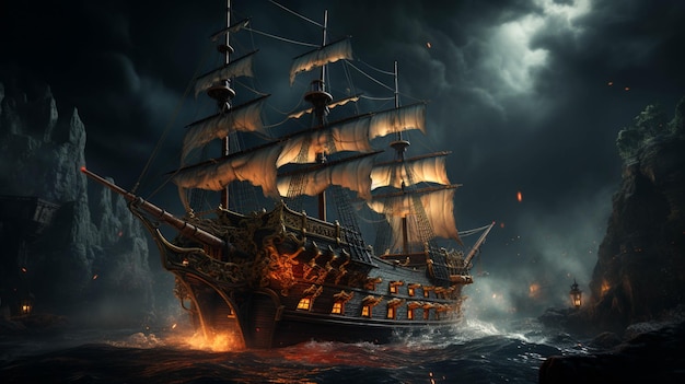 A realistic 15th century Spanish Galleon storm screen background with dark theme