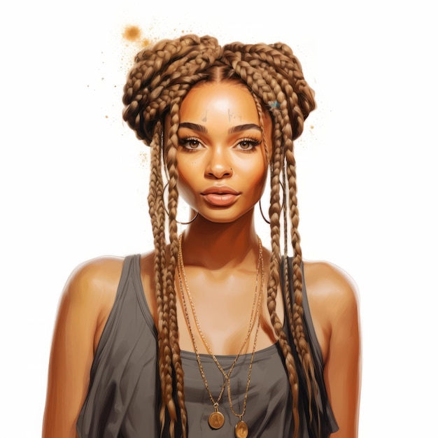 Photo realistic 2d oil painting of beautiful female with box braids