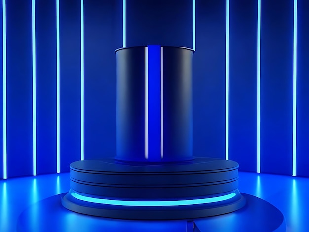 Realistic 3d blue cylinder pedestal podium in Scifi dark blue abstract room