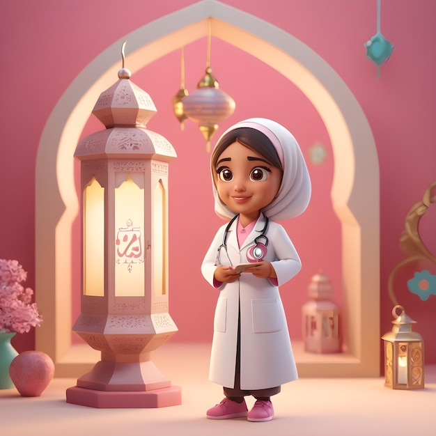 Photo realistic 3d cartoon doctor character and islamic ramadan lantern