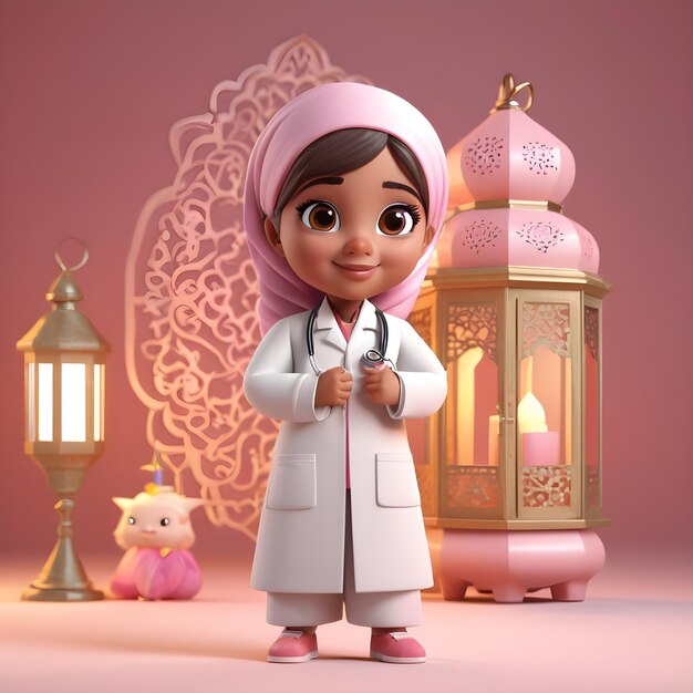 realistic 3D cartoon doctor character and Islamic Ramadan lantern