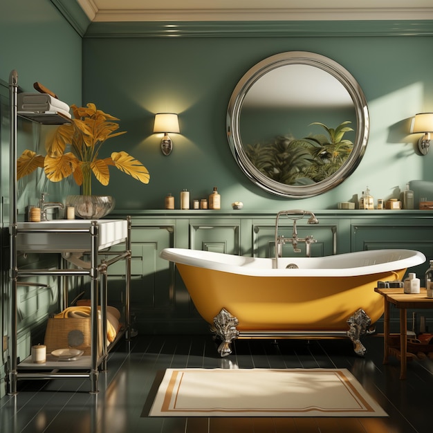 Фото Реалистичный классический 3d-декор ванной в изысканной смеси желтого и морского зеленого