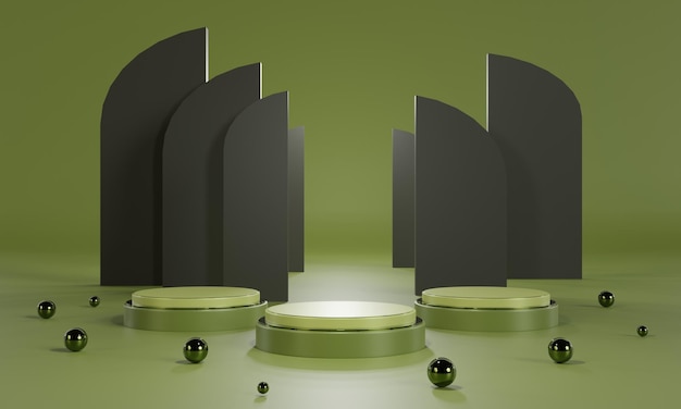 Realistic 3D dark green round corner cube pedestal or stand podiumProduct display podium with green fabric background 3D rendering