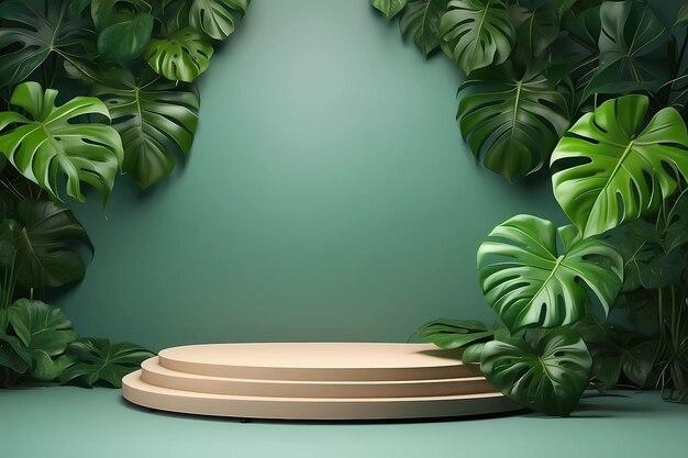 Foto podium di visualizzazione 3d realistico con monstera a foglia verde con sfondo di spazio di copia generato ai