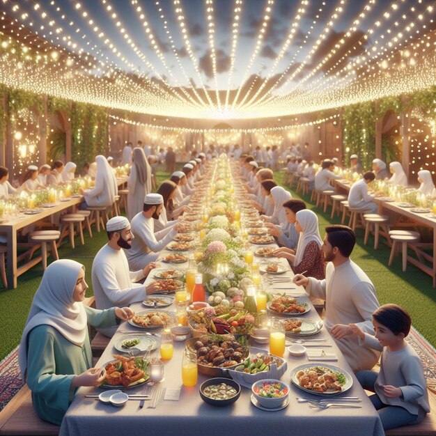 현실적인 3D Eid 잔치 정원 설정 긴 테이블 맛있는 음식과 축제 분위기