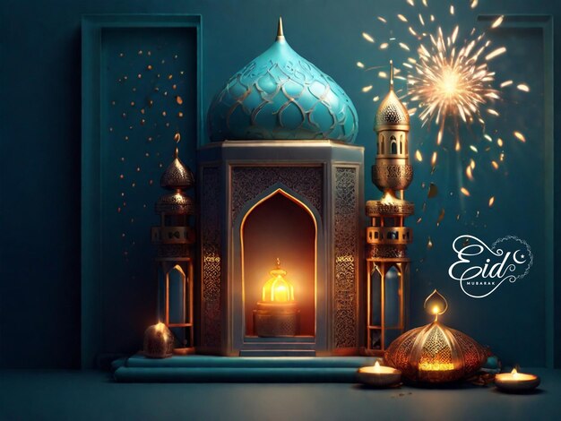 Realistic 3d Eid Mubarak Royal Elegant Lamp with Mosque Holy Gate with fireworks