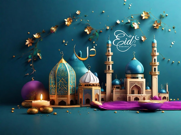 Realistic 3d Eid Mubarak Royal Elegant Lamp with Mosque Holy Gate with fireworks