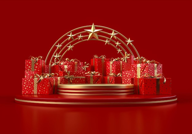 Realistic 3d gift boxes with Red Podium and stars