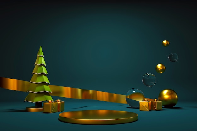 Illustrazione realistica in 3d di un albero di natale e decorazioni per il nuovo anno. cartolina di natale festivo. nastro d'oro, coriandoli, palloncini e un albero di natale su uno sfondo scuro e isolato. grafica 3d