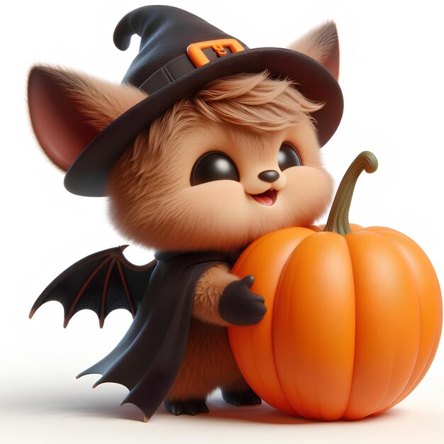 Photo realistic 3d illustration of a cute cartoon bat with pumpkin