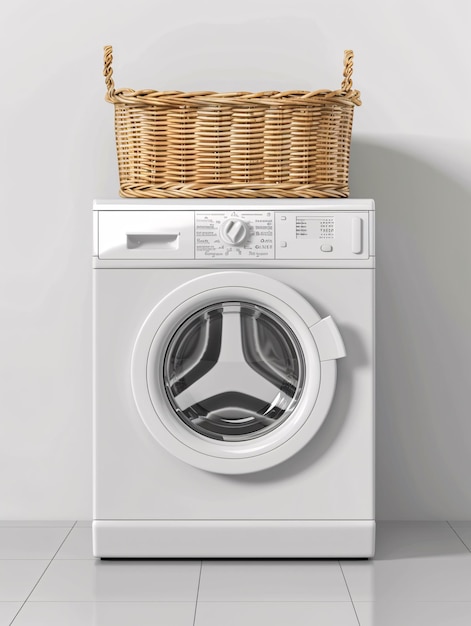 Photo realistic 3d illustration of a household laundry machine with a basket for clothes