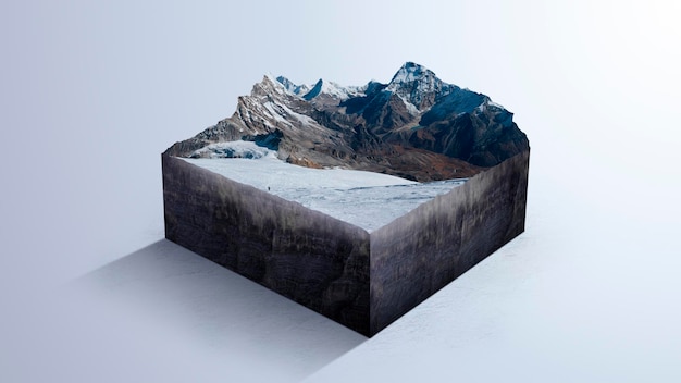 눈 덮인 산의 이미지를 사용하여 마이크로 세계를 표현한 포토솝으로 제작한 사실적인 3D 일러스트레이션