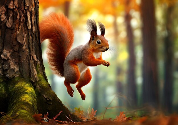 realistic 3d illustration of a squirrel that running and jumping from the tree to the forest