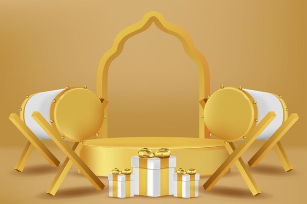 Realistic 3d islamic celebration with islamic ornament and product podium vector 3d illustration