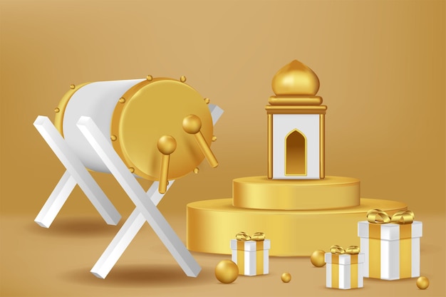 Realistic 3d Islamic celebration with islamic ornament and product podium Vector 3D Illustration