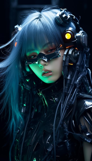 Realistic 3D Model of Beautiful Cyborg in Futuristic Cyberpunk Glasses Cyberpunk Woman Ai generated