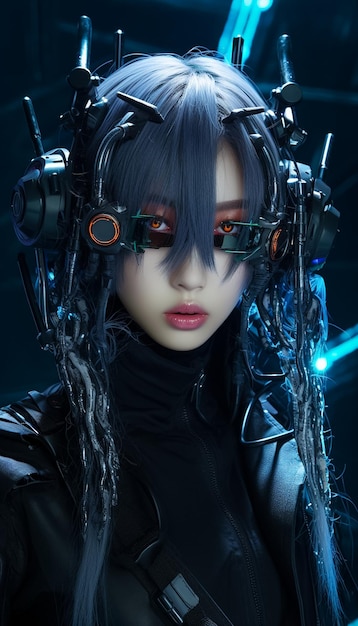 Realistic 3D Model of a Beautiful Cyborg in Futuristic Sunglasses Cyberpunk Woman Ai generated