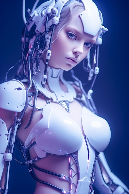 미래 사이버 세계에서 인간 사이보그의 현실적인 3D 모델 Cyberpunk Woman Ai가 생성되었습니다.