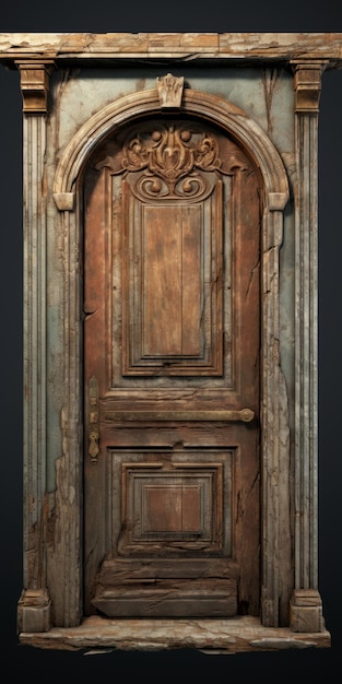 Photo realistic 3d model of old wooden door in dark environment