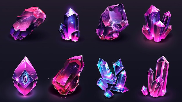 Photo realistic 3d modern icons set with multicolor crystal light gem stones in purple or pink hues rough and faceted glowing rocks and isolated crystallized minerals