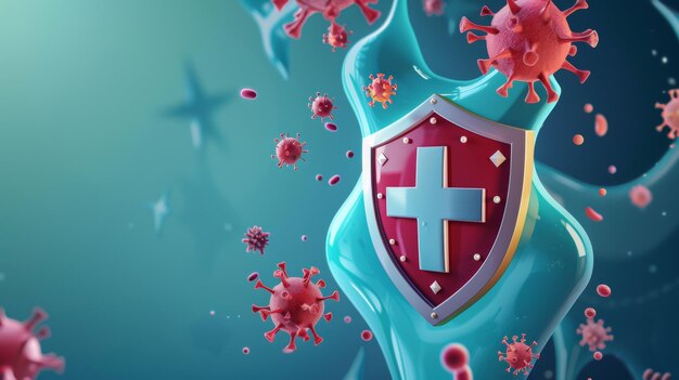 Realistic 3d modern illustration of an antibacterial or germ defence poster with shield cross and bacteria polka dot cells flying on a blue background