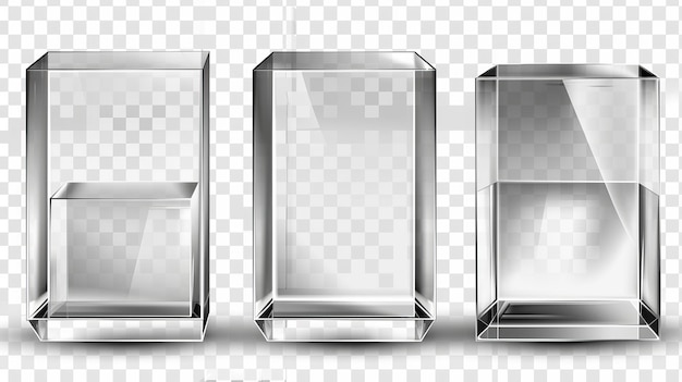 リアルな 3D 画像: プラスチックやガラスの立方体をさまざまな角度から描き水晶のブロック水族館や展示台透明な背景に隔離された光沢のある幾何学的なオブジェクト