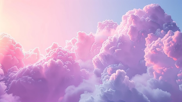 Realistic 3D modern illustration with an abstract vivid fantasy view Sunset or sunrise with soft fluffy clouds flying in pink white blue and lilac