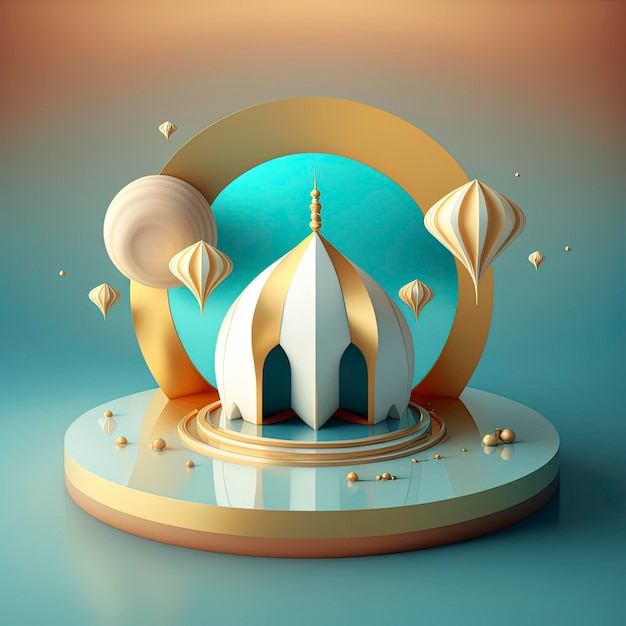 Realistic 3d modern islamic background of futuristic mosque\
with podium scene and stage for product display