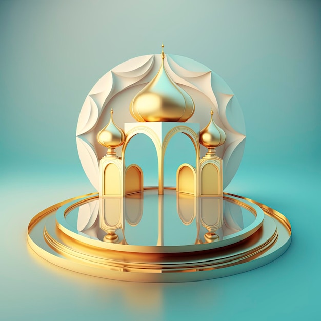 Realistic 3d modern islamic background of futuristic mosque with podium scene and stage for product display