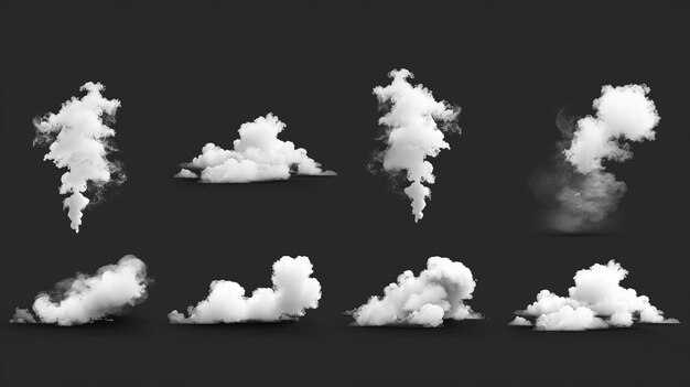 A realistic 3D modern isolated set of white smoke clouds wind blow spray powder or water drop trails Flow mist smoky stream toxic or aromatic chemtrail or rocket takeoff