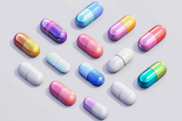 현실적인 3D 모던 세트: 약, 약, 약물, 진통제, 항생제, 비타민, 아미노산, 미네랄, 생체 활성 첨가물, 치료제 채우기와 함께 다채로운 