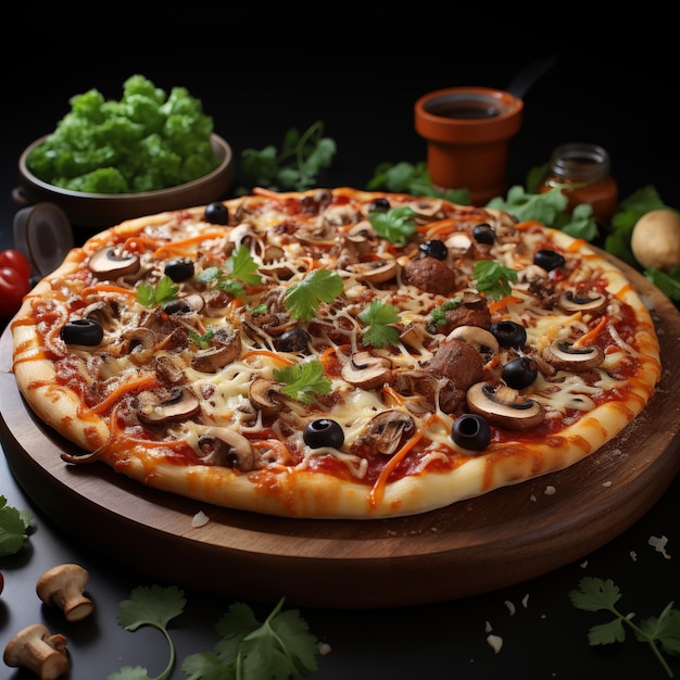 Foto pizza di funghi 3d realistica con formaggio pull coperto di olive nere e jalapenos