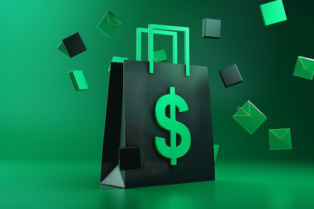 リアルな3Dオブジェクトのデザイン - 暗い大きなパーセントのサインと緑のショッピングバッグ - ファッションスタイルの背景デザインとトレンディなバレンタインデーイイラストレーション