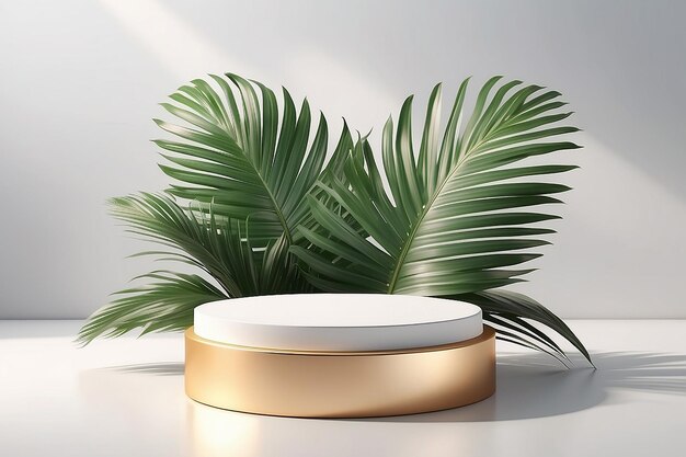 Realistic 3d pedestal over sunny background with palm leaf