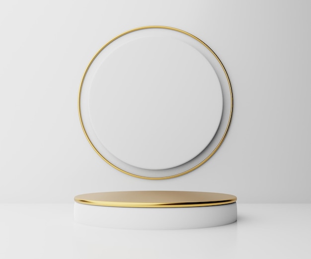 Realistic 3D podium white and gold display stand, Abstract geometric minimal product cosmetic