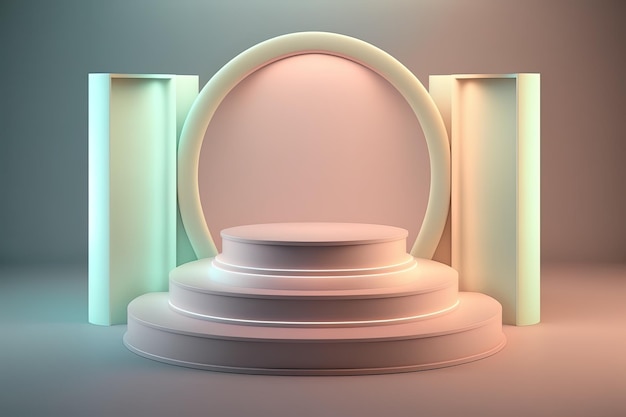 Realistic 3D podium with neon light and pastel color for product display