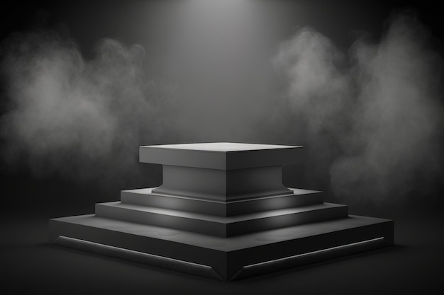 Realistic 3D podium with smoke and dark color for product display. AI Generated