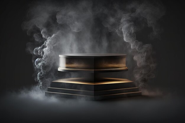 Realistic 3D podium with smoke and dark color for product display. AI Generated