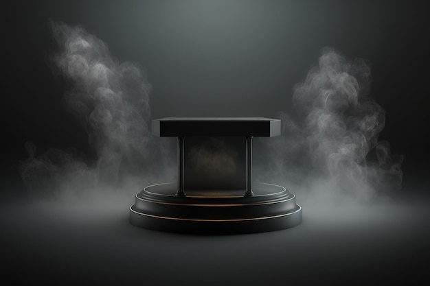 Realistic 3D podium with smoke and dark color for product display. AI Generated