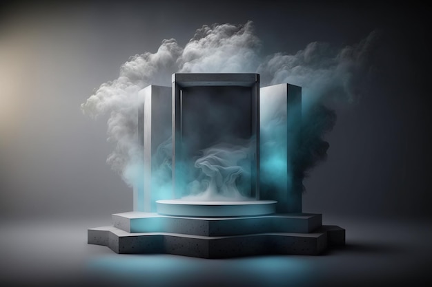 Realistic 3D podium with smoke and dark color for product display. AI Generated