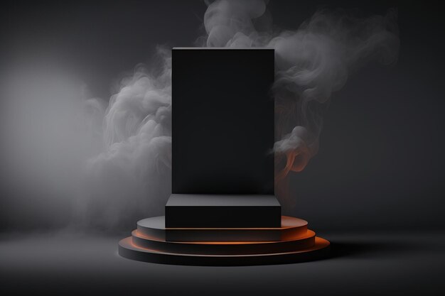 Realistic 3D podium with smoke and dark color for product display. AI Generated