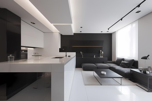 Реалистичная 3D визуализация прекрасного утра в современной кухне минималистский черно-белый