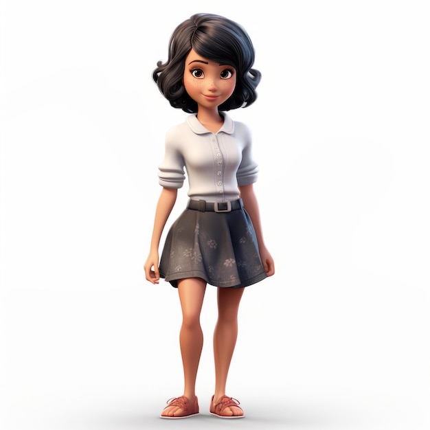 Photo realistic 3d render of camila cartoon schoolgirl doll with short hair and white skirt