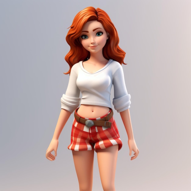 Realistic 3d Render Of Cartoon Girl Jennifer With Red Hair And Plaid Shorts