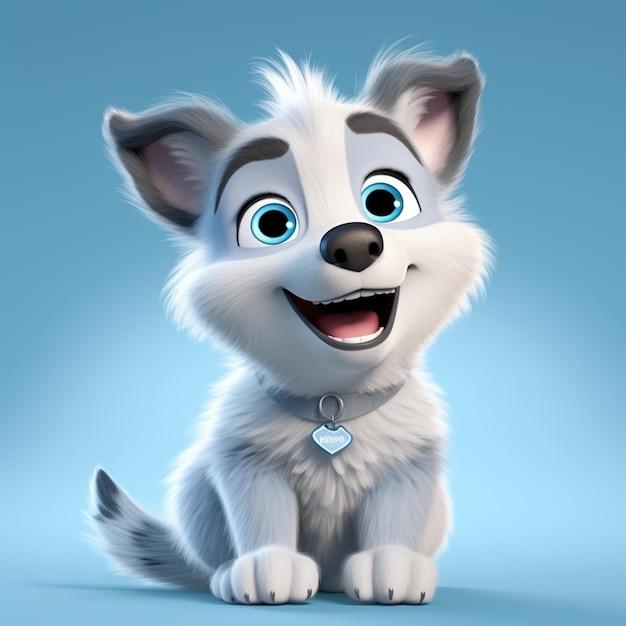 Realistic 3d render of a happy furry and cute baby wolf smiling