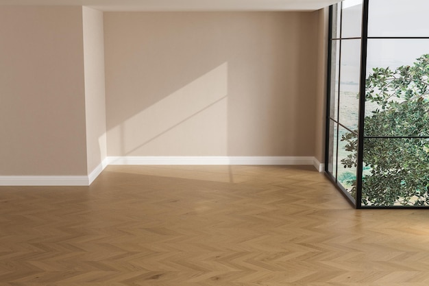 Realistic 3D render of room beautiful sunlight and window frame shadow on beige blank wall white skirting board in an empty room New wooden parquet floor Background Interior Front view