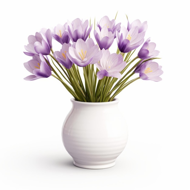 紫色のクロカスが付いた白い花瓶のリアルな3Dレンダリング